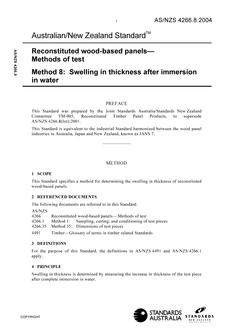 AS/NZS 4266.8: 03/26/2004 Reconstituted wood-based panels – Methods of test, Method 8: Swelling in thickness after immersion in water