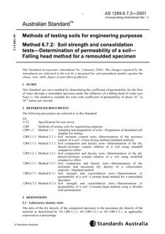 AS 1289.6.7.2: 07/12/2001 Methods of testing soils for engineering purposes, Method 6.7.2: Soil strength and consolidation tests – Determination of permeability of a soil – Falling head method for a remoulded specimen