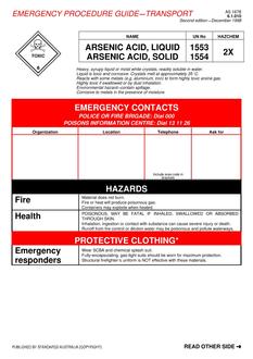 AS 1678.6.1.010: 01/01/1998 Emergency procedure guide – Transport – Arsenic acid, liquid; arsenic acid, solid