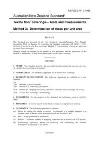 AS/NZS 2111.3: 08/05/1996 Textile floor coverings – Tests and measurements, Method 3: Determination of mass per unit area