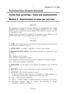 AS/NZS 2111.3: 08/05/1996 Textile floor coverings – Tests and measurements, Method 3: Determination of mass per unit area