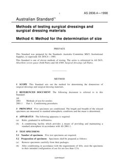 AS 2836.4: 01/01/1998 Methods of testing surgical dressings and surgical dressing materials, Method 4: Method for the determination of size