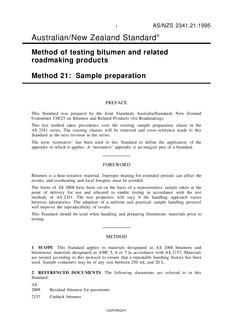 AS/NZS 2341.21: 02/05/1995 Methods of testing bitumen and related roadmaking products, Method 21: Sample preparation