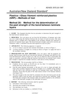 AS/NZS 3572.20: 08/05/1997 Plastics – Glass filament reinforced plastics (GRP) – Methods of test, Method 20: Method for the determination of the peel strength of the bond between laminate layers