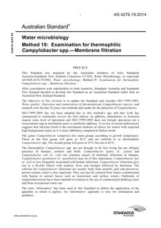 AS 4276.19: 05/01/2014 Water microbiology, Method 19: Examination for thermophilic Campylobacter spp. – Membrane filtration AS 4276.19: 05/01/2014 Water microbiology, Method 19: Examination for thermophilic Campylobacter spp. – Membrane filtration