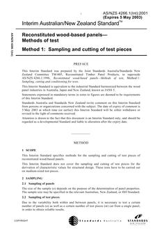 AS/NZS 4266.1(INT): 05/05/2001 Reconstituted wood-based panels – Methods of test, Method 1: Sampling and cutting of test pieces