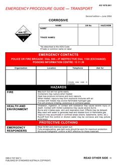 AS 1678.8A1: 06/03/2004 Emergency procedure guide – Transport, Part 8A1: Corrosive