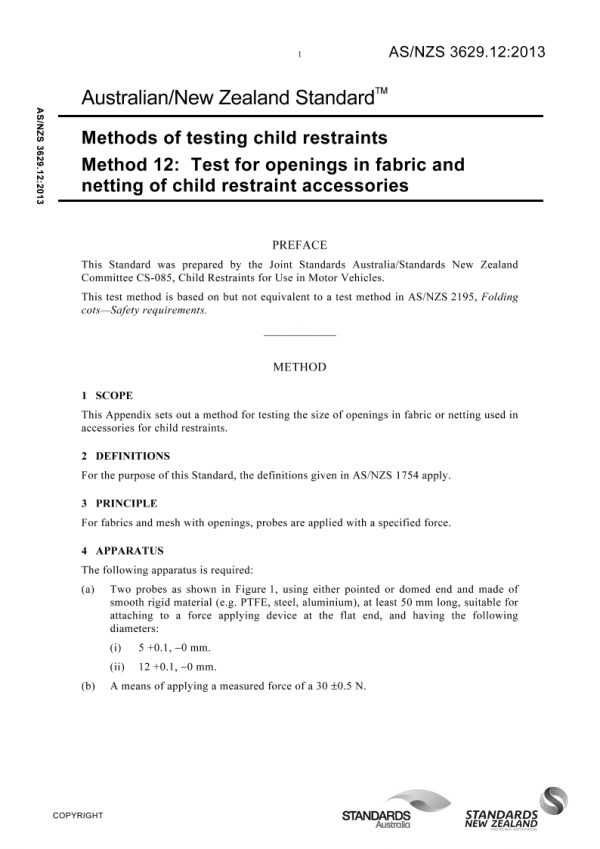 AS/NZS 3629.12: 05/08/2013 Methods of testing child restraints, Method 12: Test for openings in fabric and netting of child restraint accessories