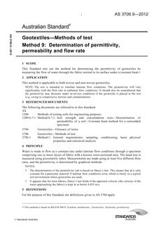 AS 3706.9: 04/30/2012 Geotextiles – Methods of test, Method 9: Determination of permittivity, permeability and flow rate