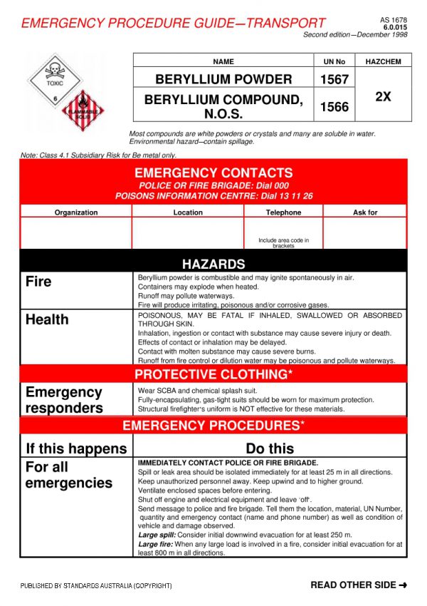AS 1678.6.0.015: 01/01/1998 Emergency procedure guide – Transport – Beryllium powder, beryllium compound N.O.S.