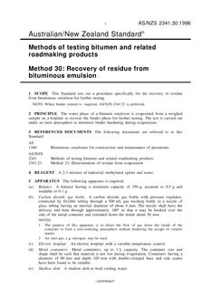 AS/NZS 2341.30: 05/05/1996 Methods of testing bitumen and related roadmaking products, Method 30: Recovery of residue from bituminous emulsion