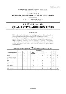 AS 2331.4.1: 12/31/1980 Methods of test for metallic and related coatings, Part 4.1: Physical tests – Qualitative adhesion tests