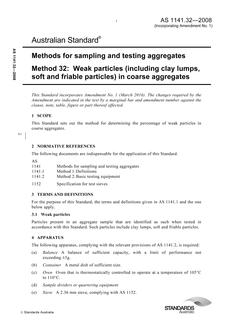 AS 1141.32: 06/30/2008 Methods for sampling and testing aggregates, Method 32: Weak particles (including clay lumps, soft and friable particles) in coarse aggregates