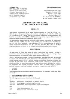 AS/NZS 1301.418S: 08/15/1994 Methods of test for pulp and paper, Part 418S: Ash content of wood, pulp, paper and board