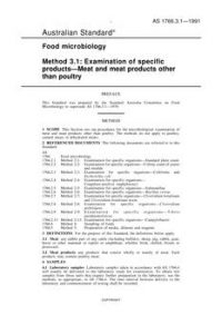 AS 1766.3.1: 01/01/1991 Food microbiology, Method 3.1: Examination of specific products – Meat and meat products other than poultry