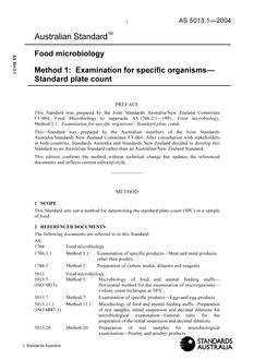 AS 5013.1: 01/01/2004 Food microbiology, Method 1: Examination for specific organisms – Standard plate count