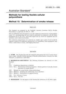 AS 2282.15: 07/05/1999 Methods for testing flexible cellular polyurethane, Method 15: Determination of smoke release