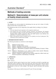 AS 1012.5: 01/01/1999 Methods of testing concrete, Method 5: Determination of mass per unit volume of freshly mixed concrete