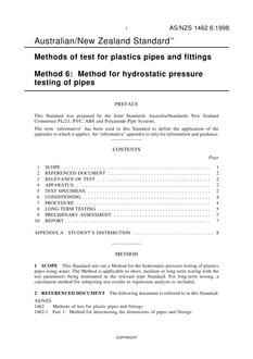AS/NZS 1462.6: 12/05/1998 Methods of test for plastics pipes and fittings, Method 6: Method for hydrostatic pressure testing of pipes