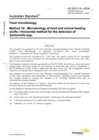 AS 5013.10: 01/01/2004 Food microbiology – Microbiology of food and animal feeding stuffs – Horizontal method for the detection of Salmonella spp.