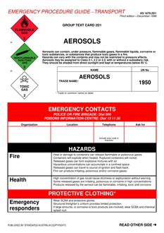 AS 1678.2D1: 12/05/1998 Emergency procedure guide – Transport – Group text card 2D1 – Aerosols