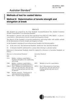 AS 4878.6: 10/25/2001 Methods of test for coated fabrics, Method 6: Determination of tensile strength and elongation at break