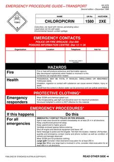 AS 1678.6.0.013: 01/01/1998 Emergency procedure guide – Transport – Chloropicrin