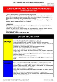AS 2508.10.001: 01/01/2000 Safe storage and handling information card – Agricultural and veterinary chemicals (Packaged products only)