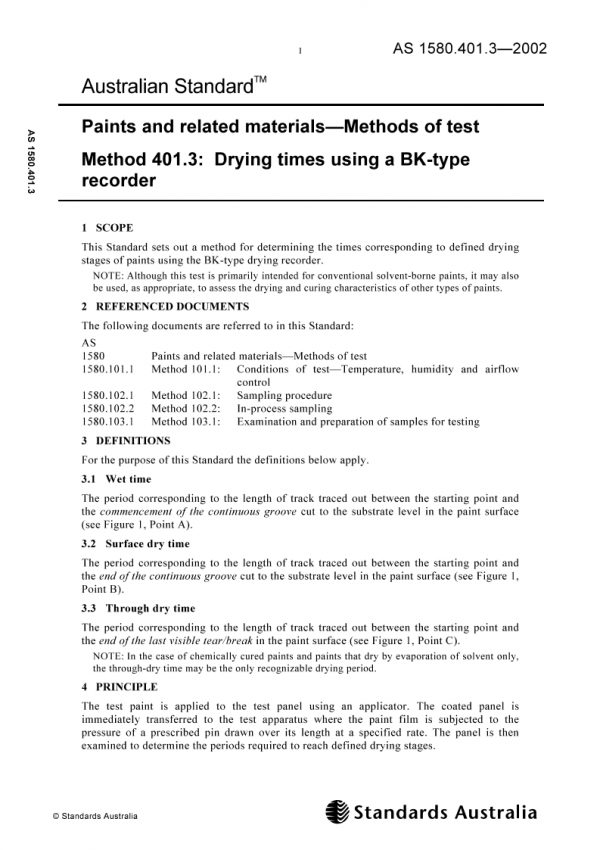 AS 1580.401.3: 12/13/2002 Paints and related materials – Methods of test, Method 401.3: Drying times using a BK-type recorder