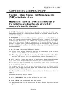 AS/NZS 3572.23: 08/05/1997 Plastics – Glass filament reinforced plastics (GRP) – Methods of test, Method 23: Method for the determination of the initial longitudinal tensile strength by means of a tensile plate test