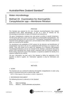 AS/NZS 4276.19: 07/24/2001 Water microbiology, Method 19: Examination for thermophilic Campylobacter spp.- Membrane filtration