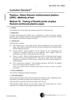 AS 3572.16: 01/01/2002 Plastics – Glass filament reinforced plastics (GRP) – Methods of test, Method 16: Testing of flexible joints of glass filament reinforced plastics pipes