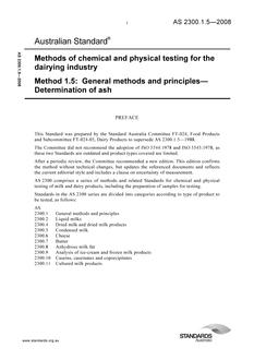 AS 2300.1.5: 08/26/2008 Methods of chemical and physical testing for the dairying industry, Method 1.5: General methods and principles – Determination of ash