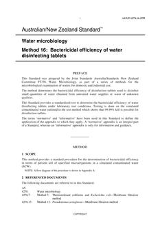 AS/NZS 4276.16: 10/05/1999 Water microbiology, Method 16: Bactericidal efficiency of water disinfecting tablets