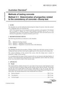 AS 1012.3.1: 03/27/2014 Methods of testing concrete, Method 3.1: Determination of properties related to the consistency of concrete – Slump test