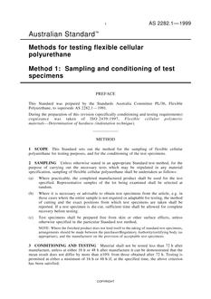 AS 2282.1: 07/05/1999 Methods for testing flexible cellular polyurethane, Method 1: Sampling and conditioning of test specimens