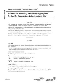 AS/NZS 1141.7: 05/09/2014 Methods for sampling and testing aggregates, Method 7: Apparent particle density of filler