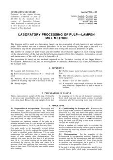 AS 1301.P202S: 01/01/1980 Methods of test for pulp and paper (metric units), Method P202S: Laboratory processing of pulp – Lampen mill method