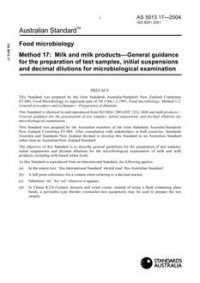 AS 5013.17: 01/01/2004 Food microbiology, Method 17: Milk and milk products – General guidance for the preparation of test samples, initial suspensions and decimal dilutions for microbiological examination