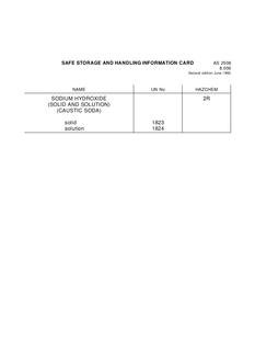 AS 2508.8.006: 01/01/1992 Safe storage and handling information card – Sodium hydroxide (solid and solution) (caustic soda) AS 2508.8.006: 01/01/1992 Safe storage and handling information card – Sodium hydroxide (solid and solution) (caustic soda)