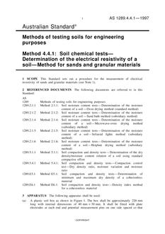 AS 1289.4.4.1: 01/01/1997 Methods of testing soils for engineering purposes, Method 4.4.1: Soil chemical tests – Determination of the electrical resistivity of a soil – Method for sands and granular materials