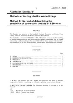 AS 2888.1: 01/01/1993 Methods of testing plastics waste fittings – Method of determining the suitability of connection threads of BSP form