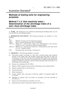 AS 1289.7.1.3: 03/05/1998 Methods of testing soils for engineering purposes, Method 7.1.3: Soil reactivity tests – Determination of the shrinkage index of a soil – Core shrinkage index