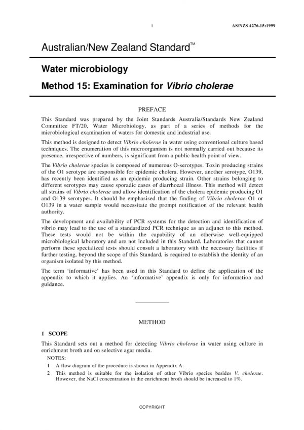AS/NZS 4276.15: 10/05/1999 Water microbiology, Method 15: Examination for Vibrio cholerae