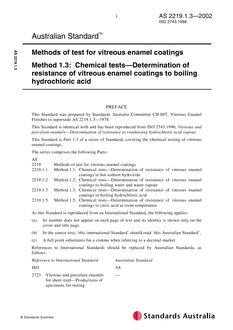 AS 2219.1.3: 01/01/2002 Methods of test for vitreous enamel coatings, Method 1.3: Chemical tests – Determination of resistance of vitreous enamel coatings to boiling hydrochloric acid