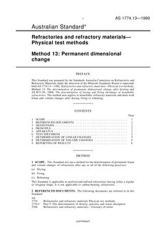 AS 1774.13: 01/01/1989 Refractories and refractory materials – Physical test methods – Permanent dimensional change AS 1774.13: 01/01/1989 Refractories and refractory materials – Physical test methods – Permanent dimensional change