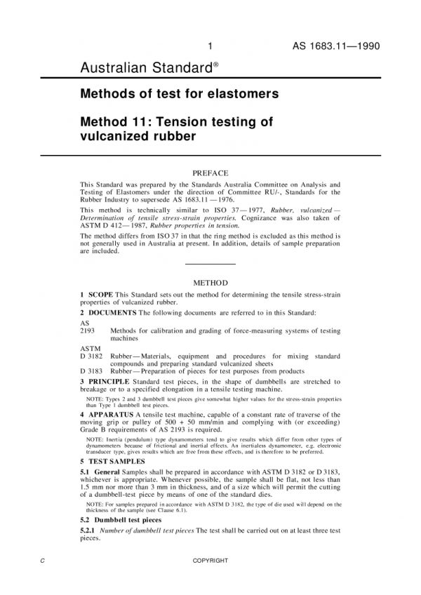AS 1683.11: 11/11/1990 Methods of test for elastomers, Method 11: Tension testing of vulcanized rubber