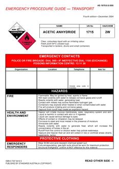 AS 1678.8.0.005: 12/15/2004 Emergency procedure guide – Transport – Acetic anhydride