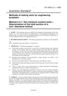 AS 1289.2.2.1: 03/05/1998 Methods of testing soils for engineering purposes, Method 2.2.1: Soil moisture content tests – Determination of the total suction of a soil – Standard method