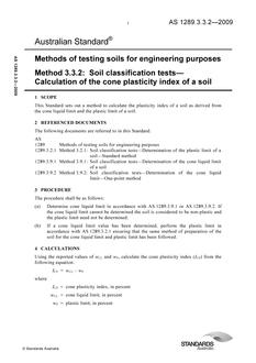 AS 1289.3.3.2: 02/06/2009 Methods of testing soils for engineering purposes, Method 3.3.2: Soil classification tests – Calculation of the cone plasticity index of a soil